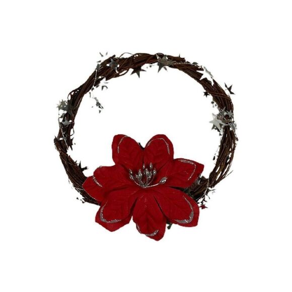 Vintage Small Grape Vine Christmas Wreath Star Tinsel Large Red Poinsettia 8" - Picture 1 of 3